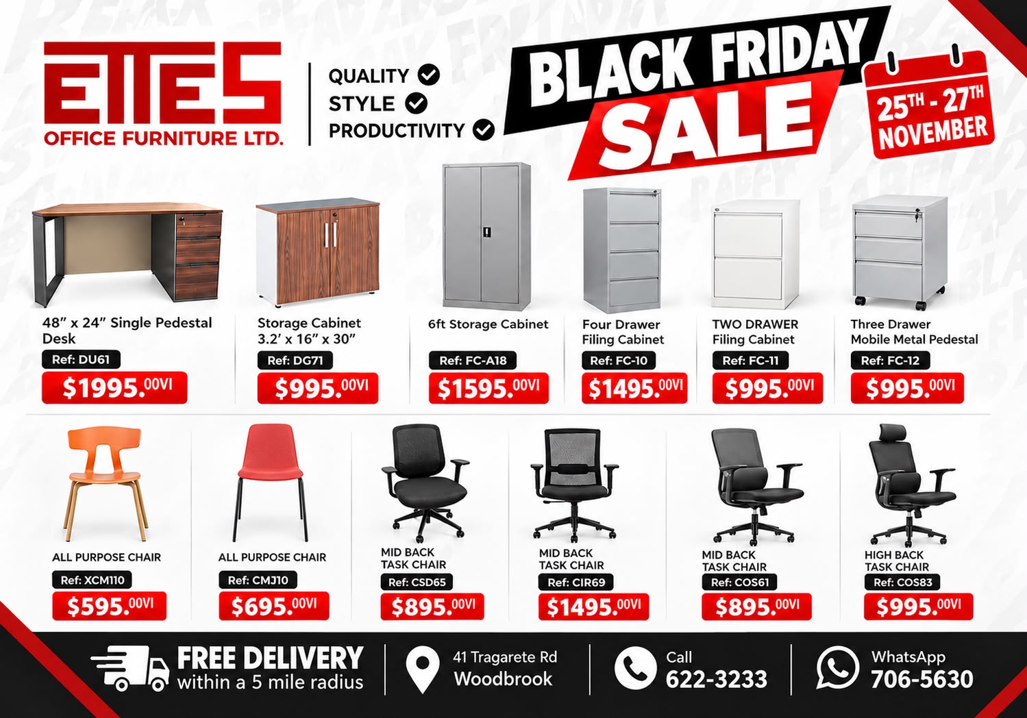 ETTES Black Friday Sale flyer listing twelve discounted desks, storage cabinets and chairs with prices, running 25th to 27th November